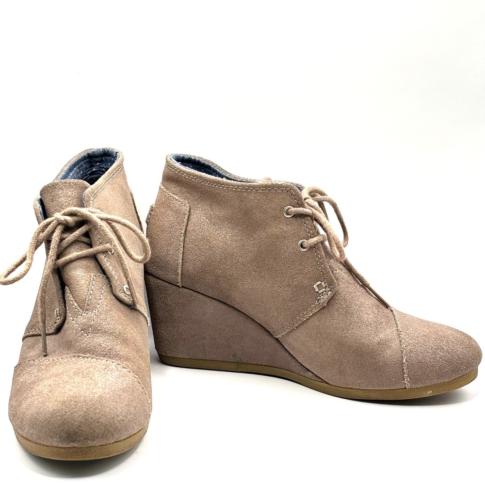 TOMS Desert Wedge Taupe Suede Lace Up‎ Ankle Boots Womens Size 8